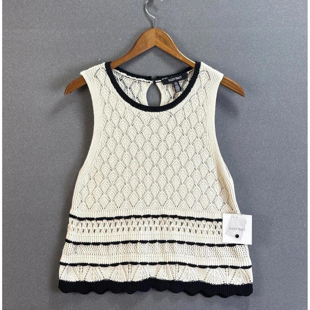 Ellen Tracy Crochet Peplum Ruffle Sleeveless Top Women's M Marshmallow/Black
